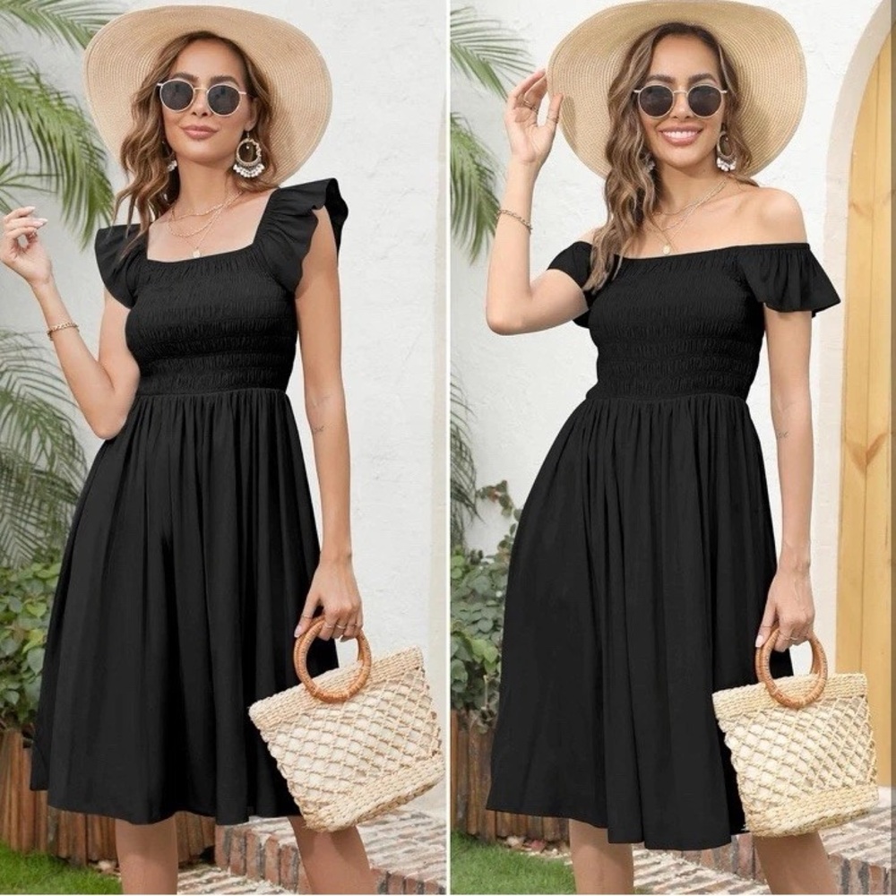 Black Smocked Midi Dress with Ruffle Sleeves
